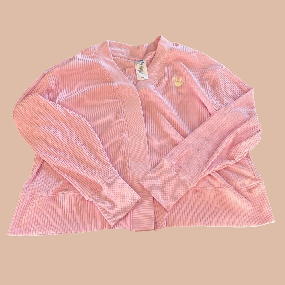 Disney Minne Mouse Cardigan Womens Medium Pink Ribbed Oversized Hidden Button